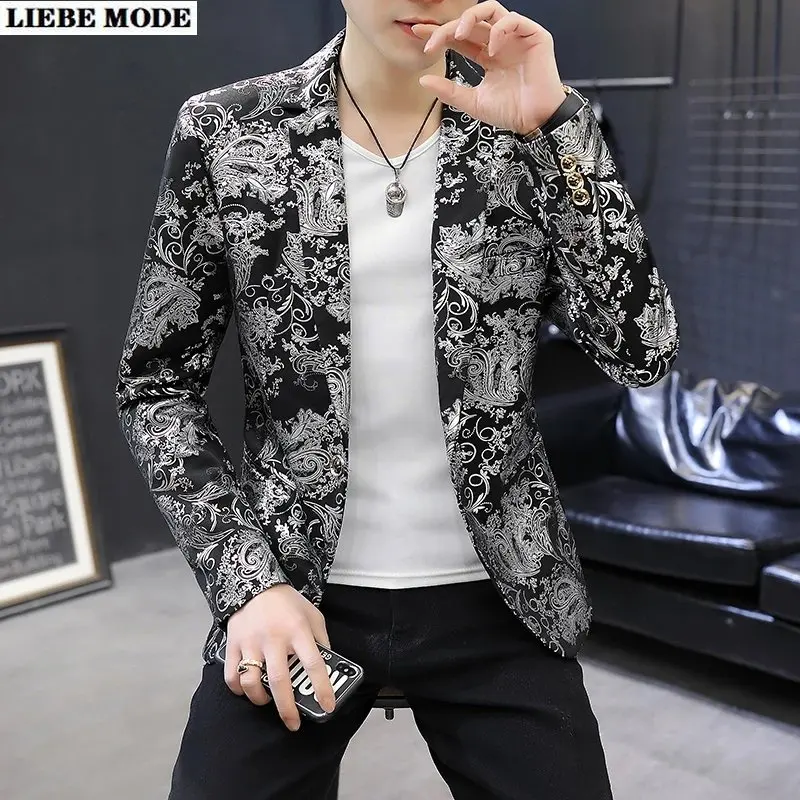 

Мужской модный блейзер с цветочным принтом, мужская деловая повседневная куртка, приталенный Свадебный костюм для вечеринки, золотистый, серебристый блейзер для мужчин
