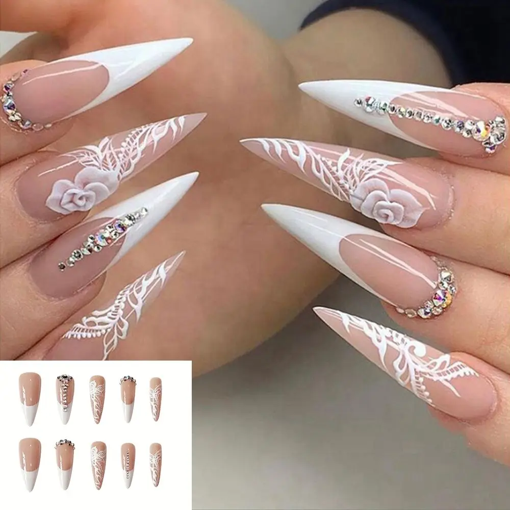 

24pcs/Box Stiletto Artificial Full Cover Manicure Tool Fake Nails Almond French False Nails Wearable Nail Tips