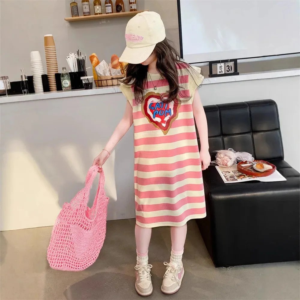 Лето 2024 стильное вязаное платье-футболка принцессы для девочек детское