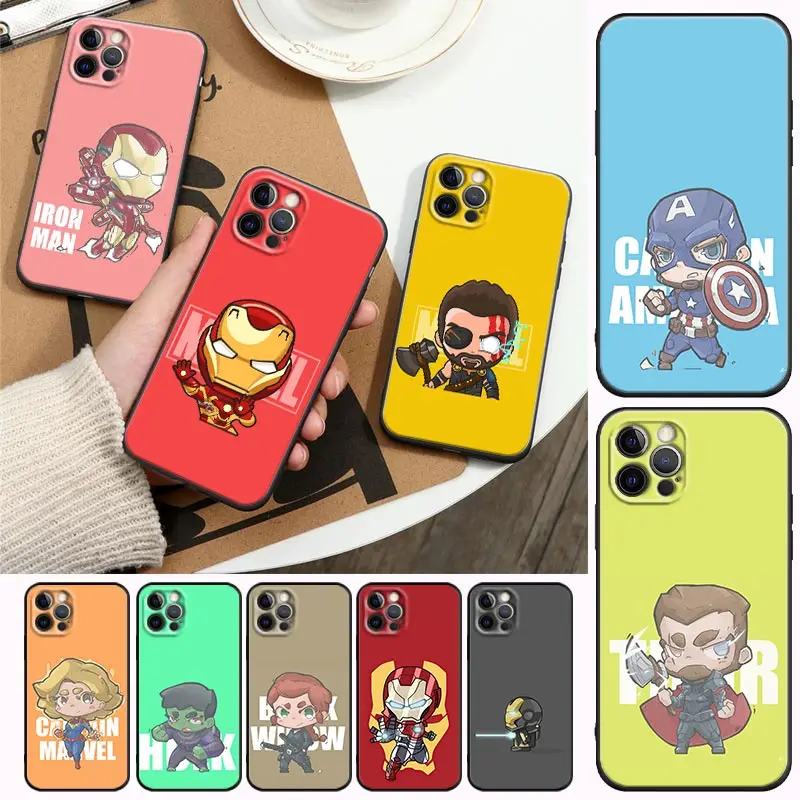 

Marvel Avengers Cute Comics Cartoon Phone Case For Apple iPhone 14 13 12 11 Pro Max 8 7 SE XR XS Plus Black Cover Fundas Coques