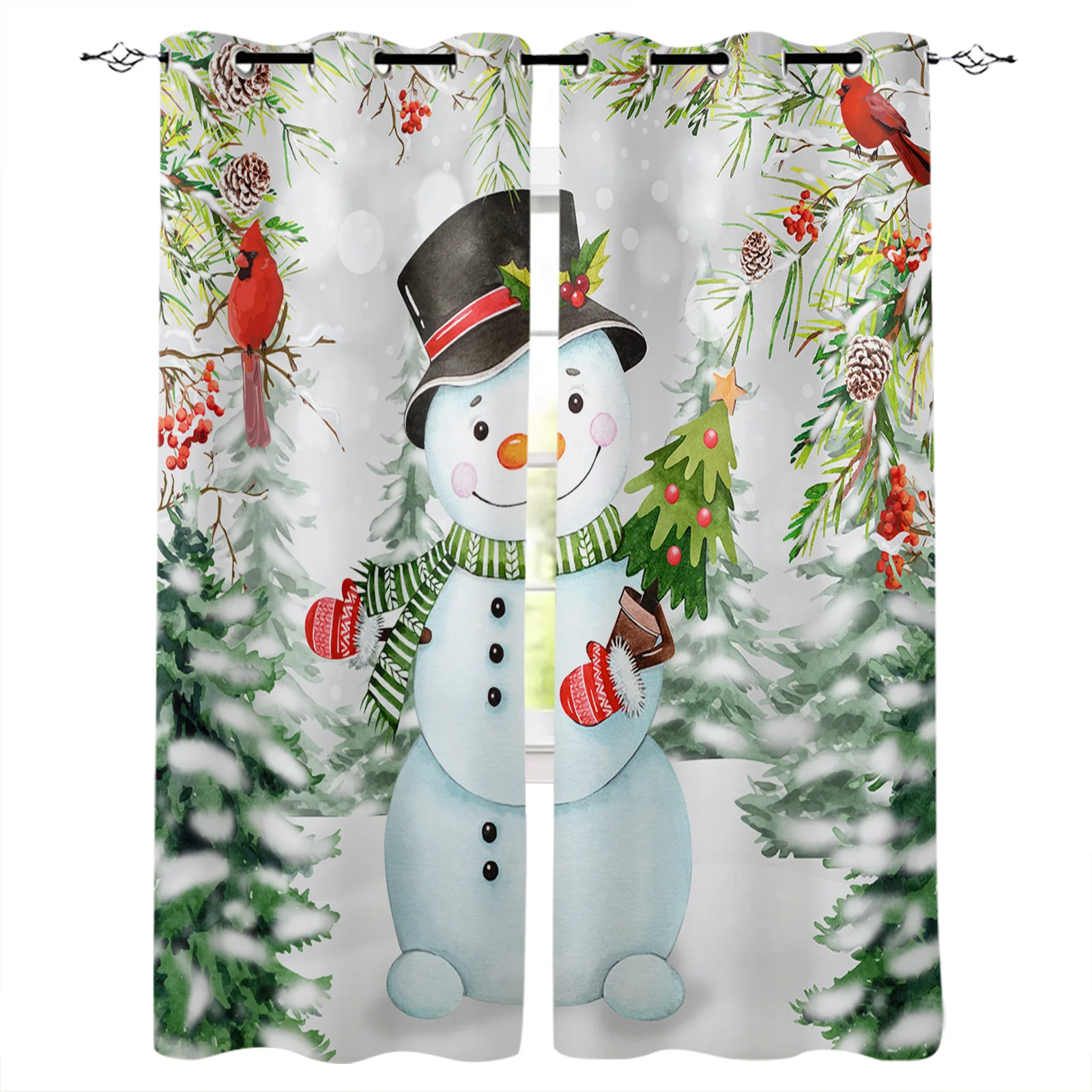

Christmas Snowman Snow Scene Cardinals Curtains For Living Room Kids Bedroom Decorative Window Treatment Drapes Kitchen Curtains