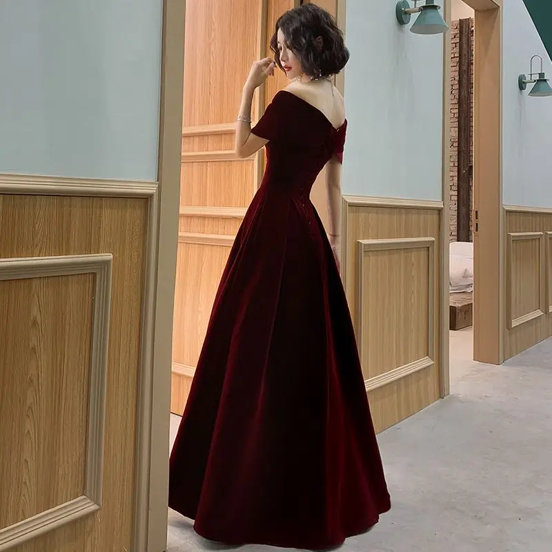 

Женское бархатное платье в стиле ретро, Элегантное Длинное Платье-трапеция бордового и черного цветов с вырезом лодочкой и коротким рукавом, красное платье на Рождество, 2022
