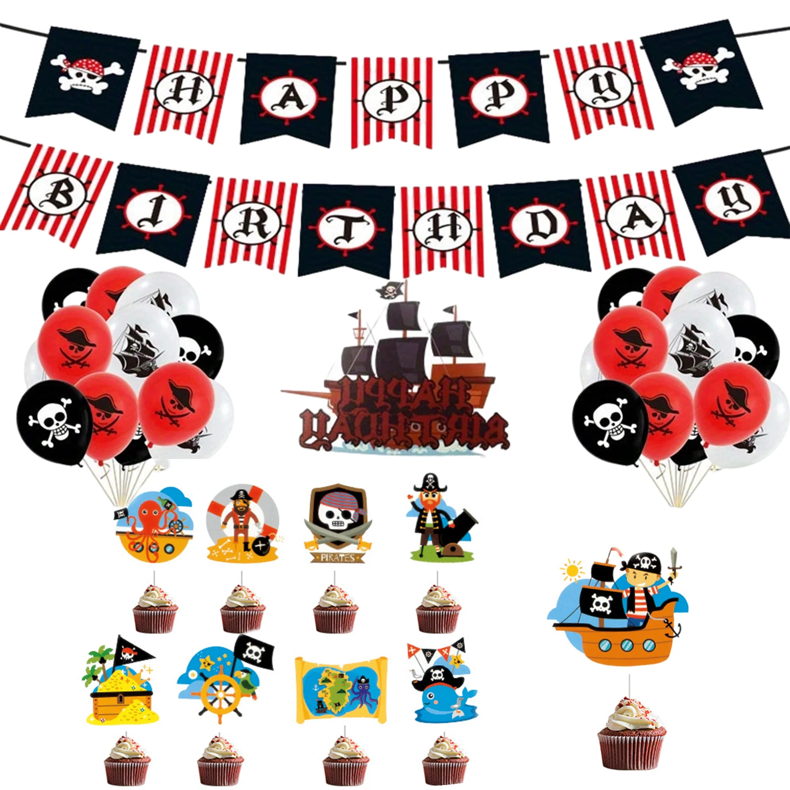 

28pcs Table Toppers Banner Balloons Hanging Party Supplies Birthday Decorations Boys Girls Ocean Ship Flags Caribbean Pirate