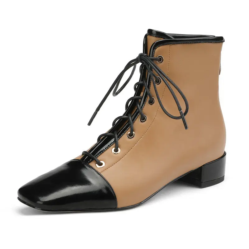 

Office Ladies Dress Women Ankle Boots Cross-Tied Genuine Leather Thick Low Heels Shoes Woman Autumn Winter New Arrival