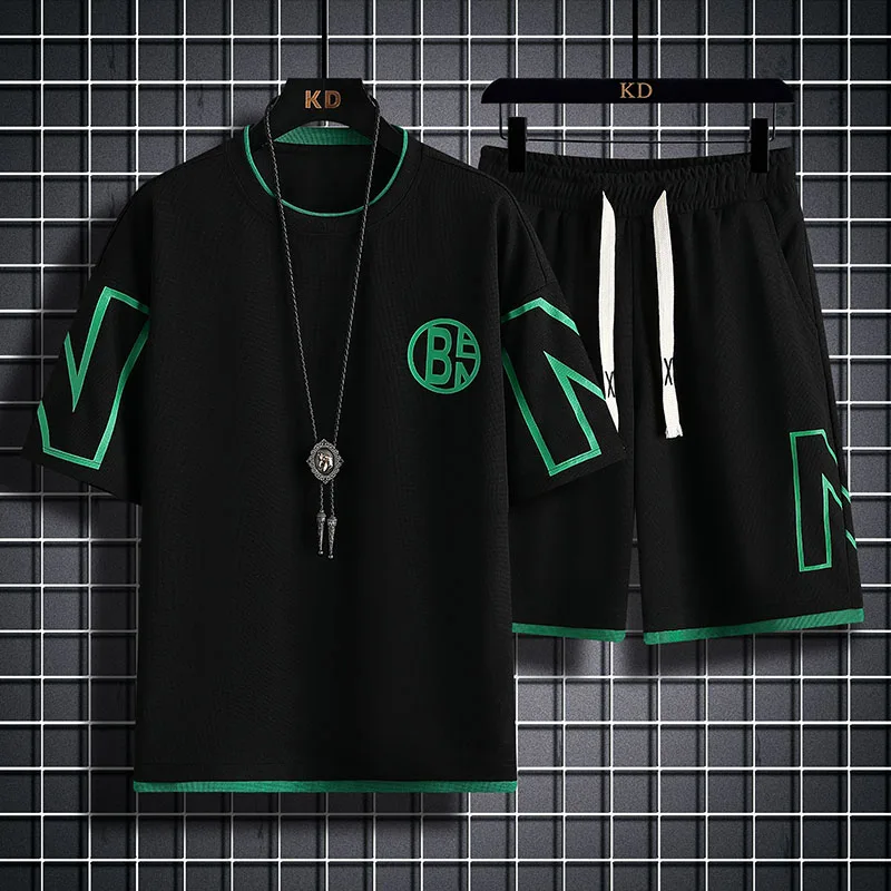 Waffle Short-Sleeved T-shirt Men's Ice Silk Suit 2023 Summer New Korean Style Trendy Shorts Heavy Two-Piece Set