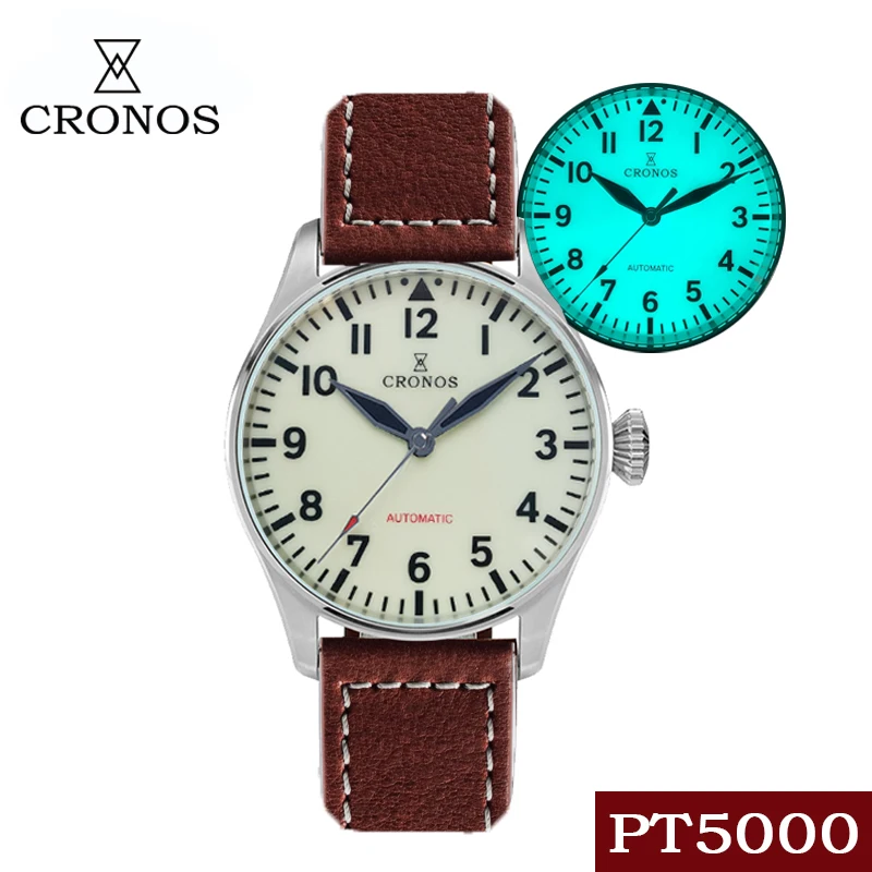 

CRONOS Mens Pilot Watches Automatic Mechanical Wristwatch Military Full Luminous Dial 100m Waterproof Sapphire Crystal PT5000