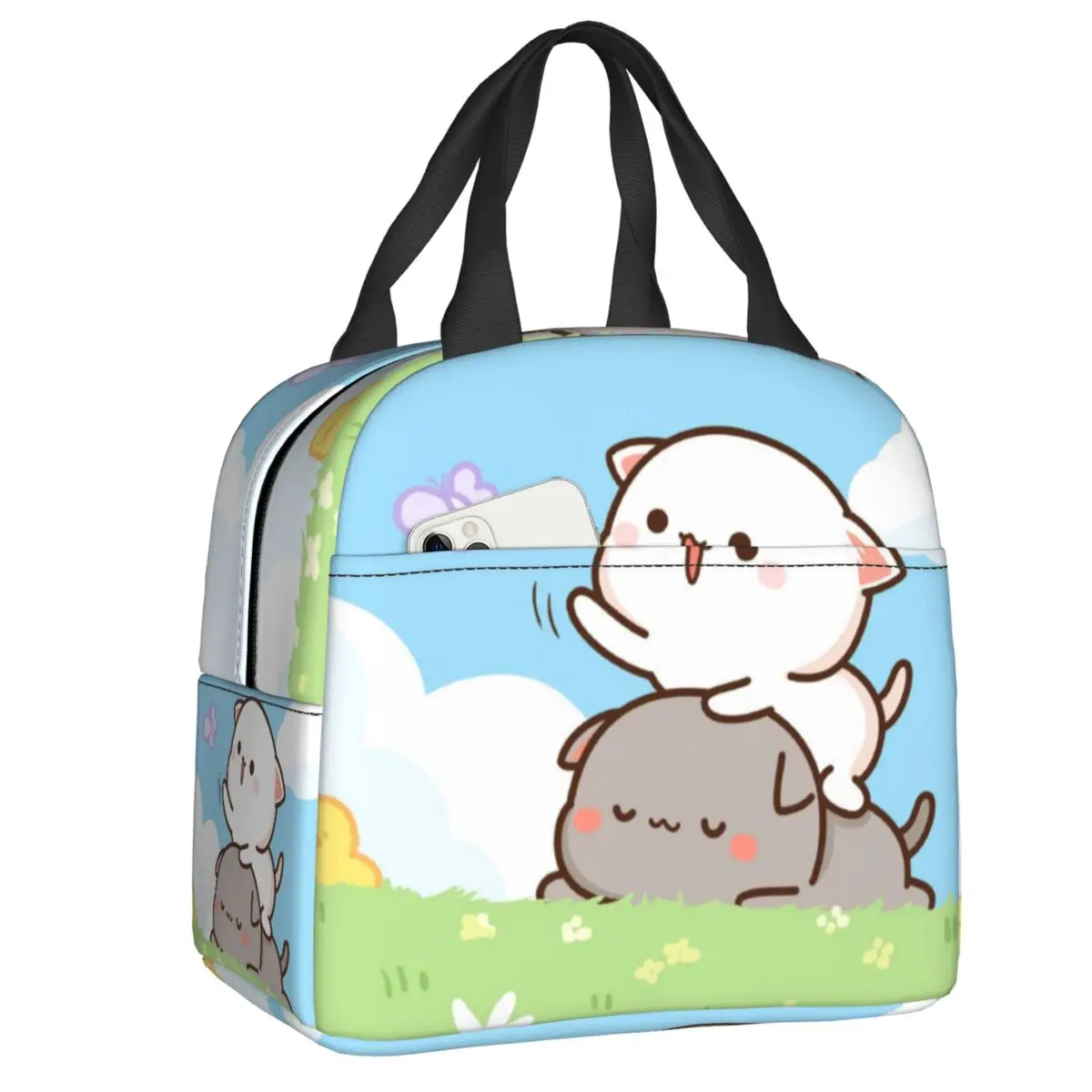 

Peach And Goma Insulated Lunch Tote Bag for Women Resuable Cooler Thermal Mochi Cat Bento Box School Work Picnic Food Lunch Box