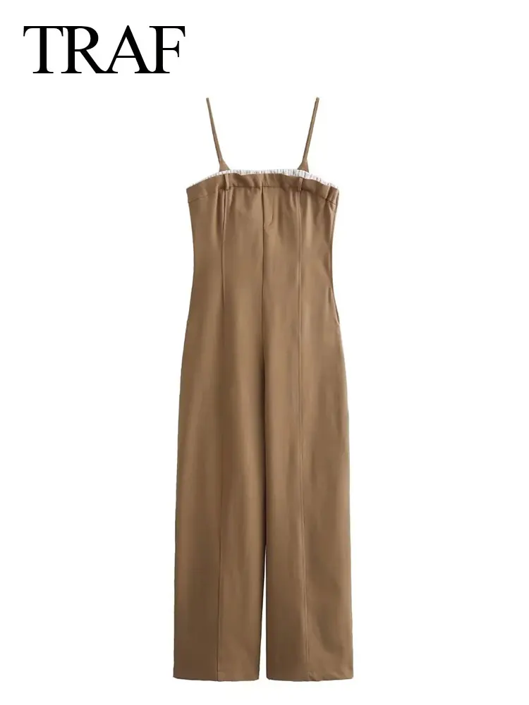 

TRAF Women Fashion Jumpsuits Solid Sleeveless High Waistline Slim Long Pant Female Elegant Vintage Streetwear Rompers Pants