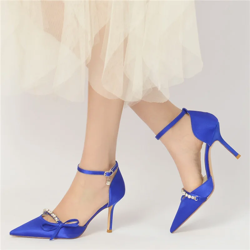 Satin Crystals High Heels Wedding Bridal Shoes for Bride Pointed Toe Ankle Buckle Strap Stiletto Heel Evening Shoes for Formal