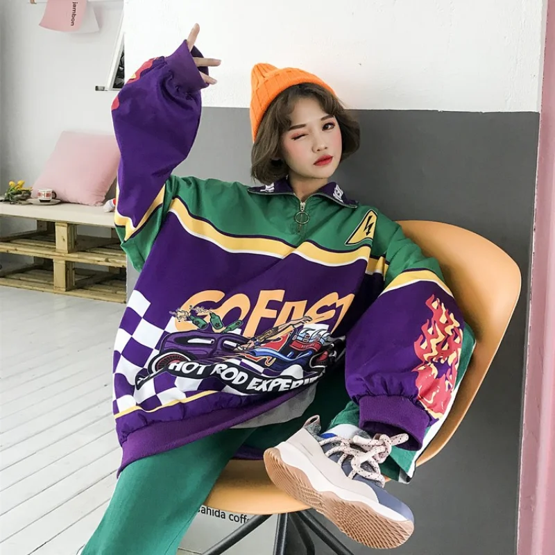 

oversize personality autumn ulzzang korean Women's Clothing Harajuku pullover Racing car print zipper full Hoodies Sweatshirts