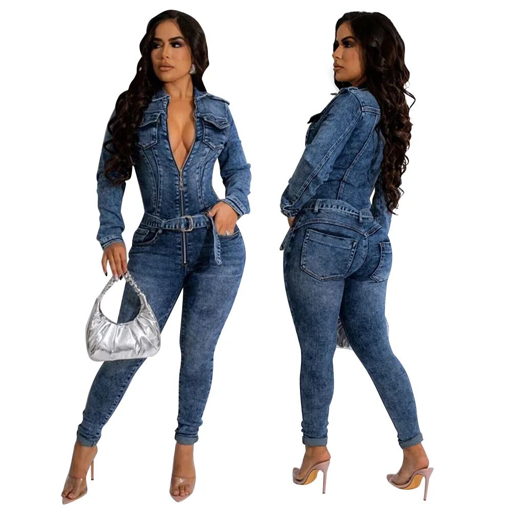 

Blue Bodysuit Women Denim Jumpsuit Pants Sexy Zipper Lapel Long Sleeve Stretch Jeans Romper Female Vintage Belt Bodycon Jumpsuit
