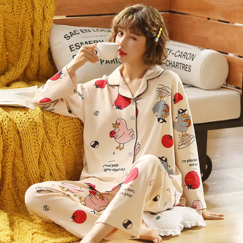 QWEEK Women's Cotton Pajamas Spring Autumn Sleepwear Teen Girls Home Clothes Pyjamas Cute Puppy Pijamas Suit for Home Loungewear