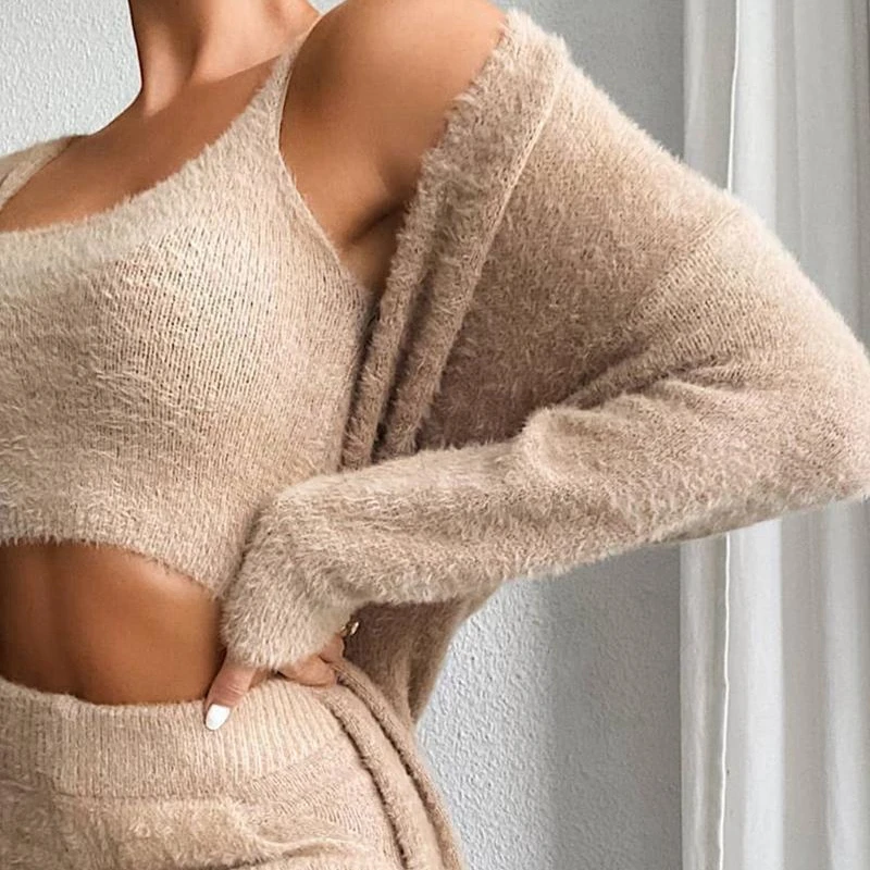 Autumn Winter Warm Pajamas Soft 3 Piece Sets Loungewear Women Sexy Crop Tops Long Pants Robes Homesuit Casual Pyjamas Sleepwear