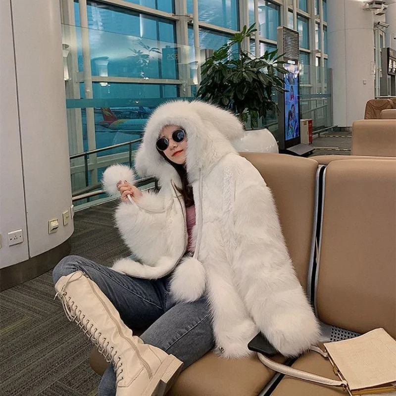 y2k faux fox fur coat female hooded otter rabbit loose cute ladies winter coat net red white purple khaki XL fur coat female