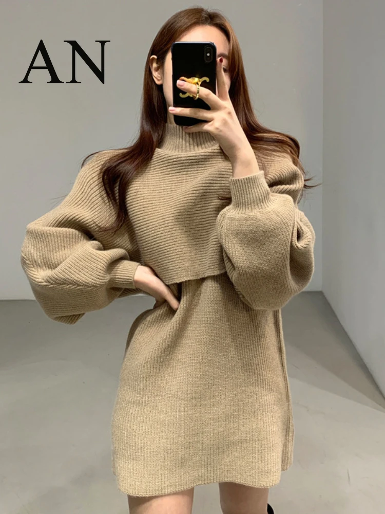 

Autumn New Women's Two-piece Knitted Loose Lantern Sleeve Loose Pullover and Dress Two-piece Suit Korean Fashion Sweaters