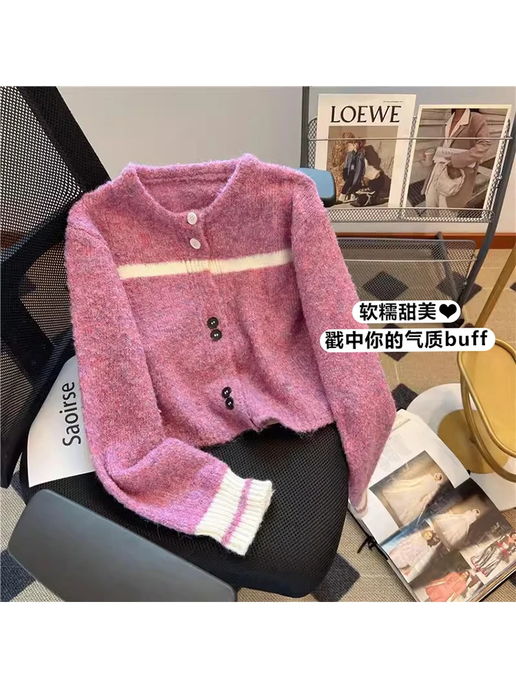 

Women's Pink Striped Cardigan Knitted Sweater 2000s Vintage Harajuku Korean Long Sleeve O-Neck Jumper Sweater Top Clothes Autumn