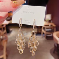 korean diamond super flash leaf dangle drop earrings for women female ins trendy fashion luxury ring earrings gold jewelry