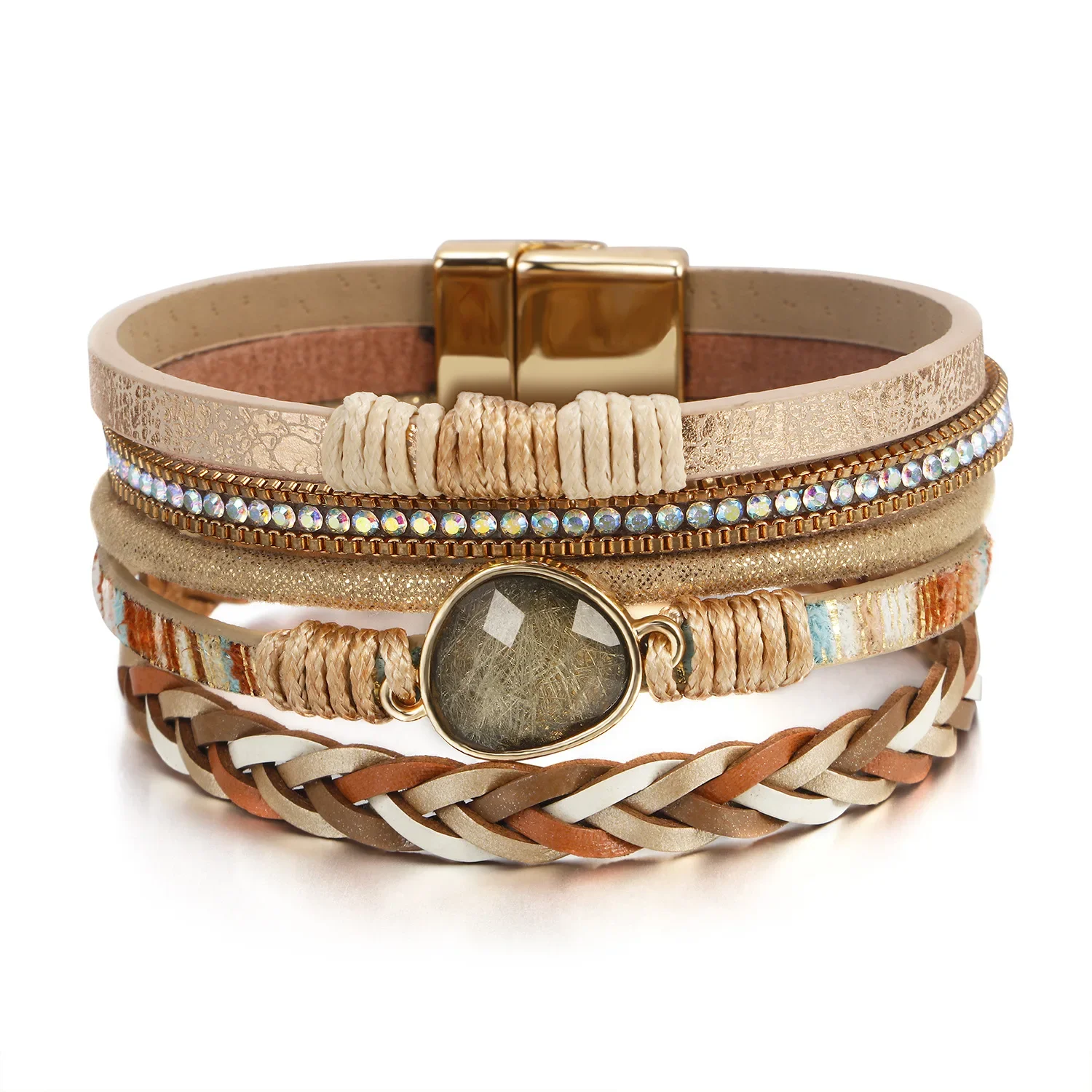 

New Woven Multi -layered Leather Oval Resin Bracelet Men's Bosmian Retro Magnetic Buckle Bracelet Charm Bracelet for Men Gift