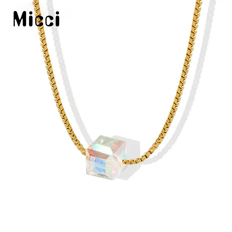 

Micci Square AB Crystal Pendant Necklace Titanium Stainless Steel 18K Gold Chain Simple Ladies Neck Decoration Jewelry Gift