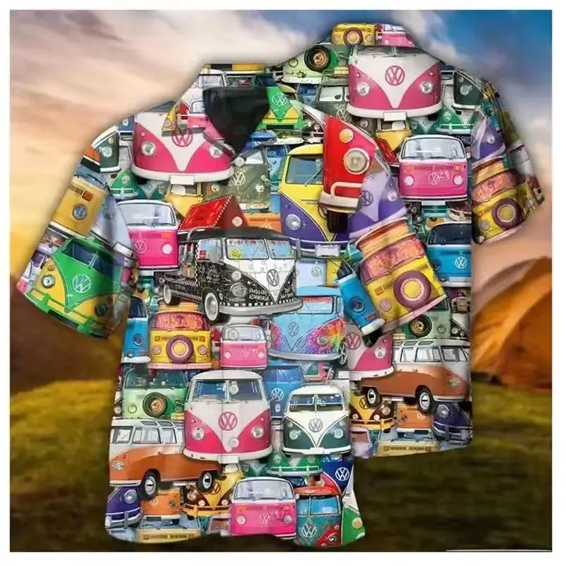

2023 Men's Hawaiian Shirt Funny Car Print Shirt For Men Vintage Fashion Short Sleeve Male Clothing Streetwear Turndown Blouse