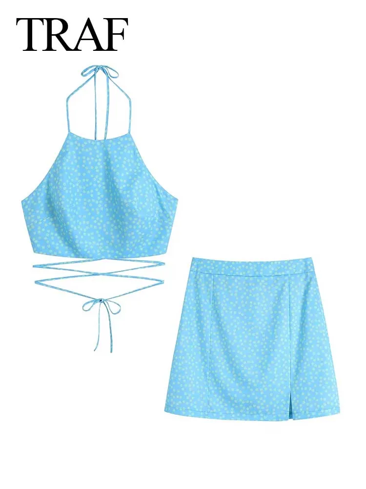 

TRAF Simple High Waist Hip Skirt Camisole 2 Piece Set Halter Sleeveless Backless Vest + Slim Skirt Street Daily Women Clothes