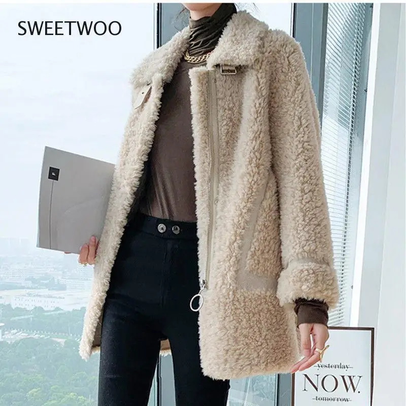 Women 2022 Winter Real Wool Sheep Shearling Outwears Female Genuine Lamb Fur Overcoats Ladies Solid Color Loose Coats Tide Slim