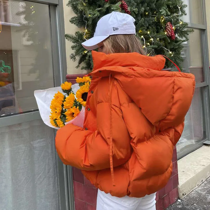 

Winter Parkas Cotton Warm Hooded Coat Women's Button Solid Pocket Loose Short Jacket Casual Streetwear Outfits Clothing