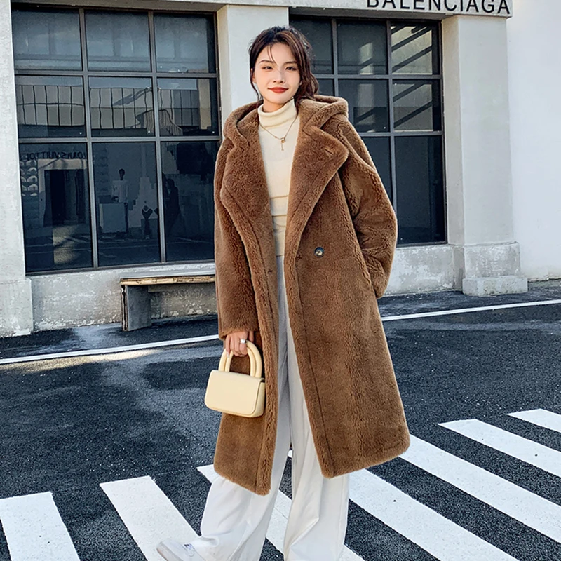 CARECODE Maternity Lamb Long Fur Coat Winter Hooded Solid Color Single Button Pure Wool Warm Teddy Pregnancy Coat Women