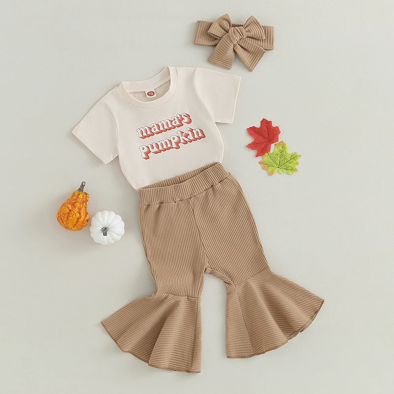 

Baby Girl Halloween Outfits Letter Print Short Sleeve T-Shirts Flare Pants Headband 3Pcs Clothes Set