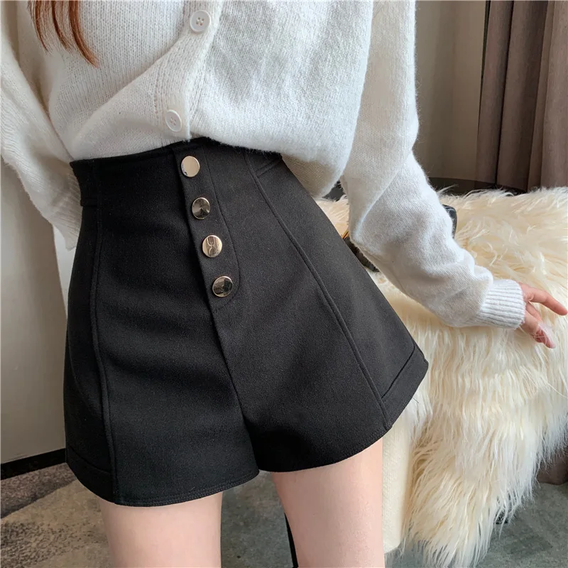 Women's Wide Leg Pants Black Shorts High Waisted Single Breasted A-line Shorts Casual Pants Elegant Temperament Shorts For Women