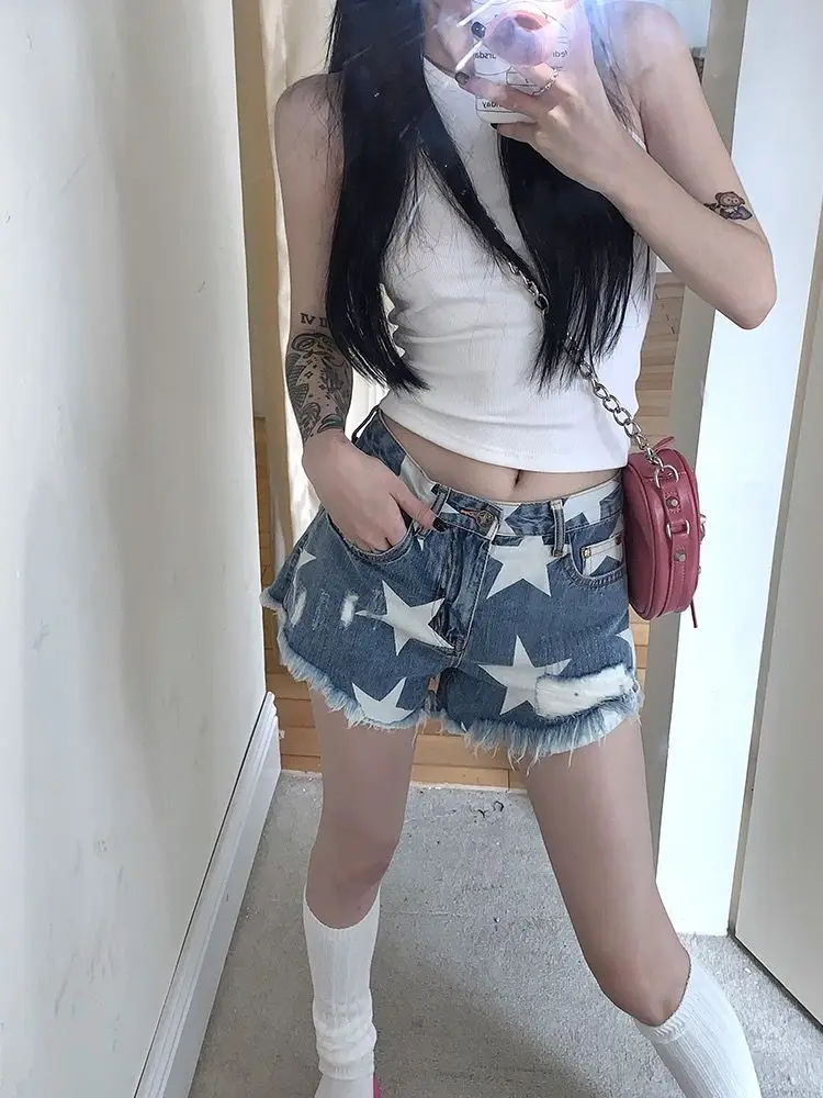 New White Star Denim Shorts Womens Vintage Raw Edge Ripped Sexy Babes Denim Shorts Fashion Streetwear Y2K Womens Shorts