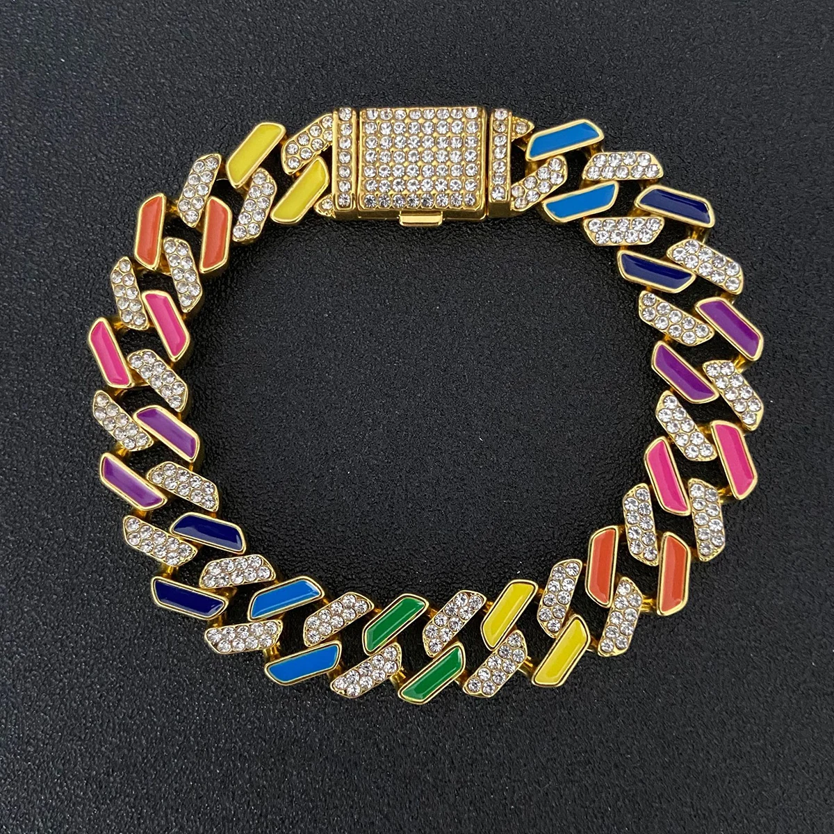 

KunJoe Cuban Chain Bracelet Hip Hop Crystal Rhinestone Colorful Chunky Thick Charms Bangle Bracelet for Jewelry Men Women Gifts
