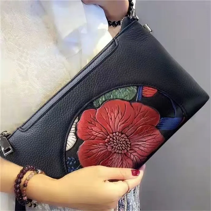 

multi-function women's bag 2022 trend genuine leather shoulder bag flower pattern female clutch handbag