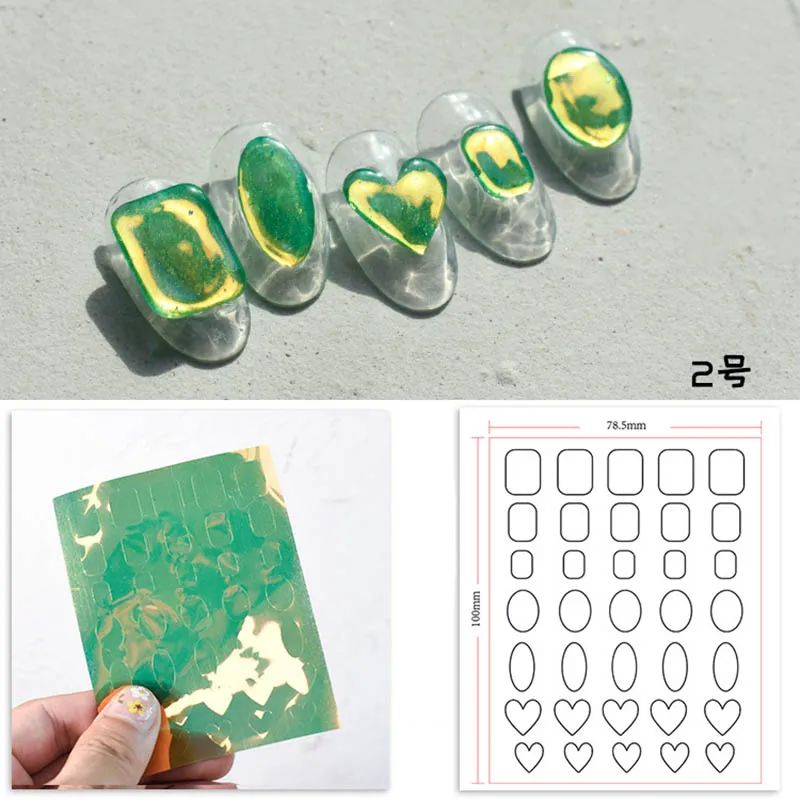 

3D heart glass foil for nail art decoration Aurora green purple blue water drop heart square shape nail film YJ065