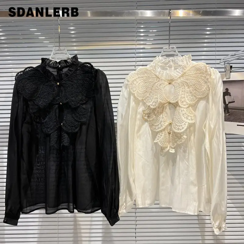 

Loose Long Sleeve Bottoming Shirt 2022 Spring New Blusas Mujer Butterfly Crocheted Beaded Embroidery Neckline Gauze Tops