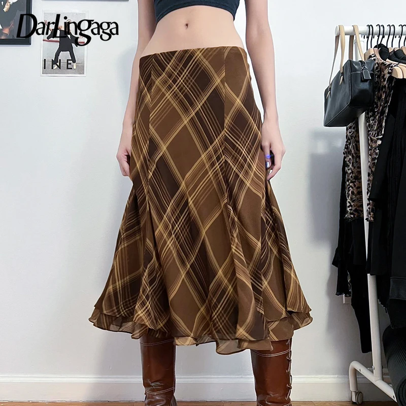

Darlingaga Vintage Brow Low Waist Plaid Skirt Female Harajuku Chic 90s Aesthetic Frill Midi Loose Elegant Two-Layer Outfits New