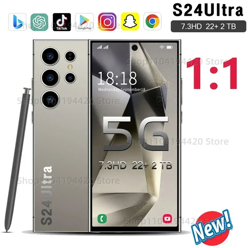 Смартфон S24 Ultra 22 ГБ + 2 ТБ 7 3 HD-экран мобильный телефон 5G Dual Sim 108 МП камера Android14