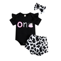 baby girl shorts suit letter print short sleeve jumpsuit cow skin print shorts bow headband