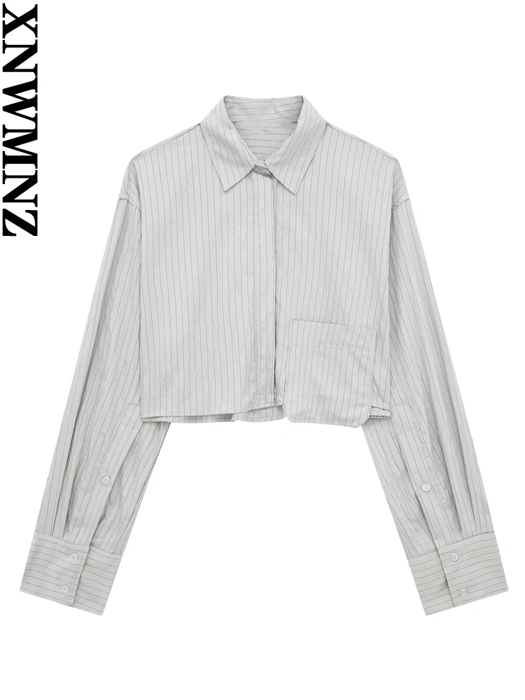 

XNWMNZ Women's Fashion 2023 Crop Stripe Patch Pocket Long Sleeve Shirt or Mid-rise Zipper Pants High Street Female Two Piece Set