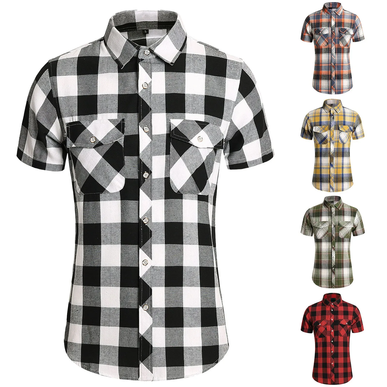 

Men's Summer Plaid Double Pockets Short Sleeved Shirts Men's Casual Fashion Short Sleeved Shirts рубашка с коротким рукавом