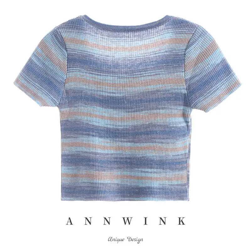 Летняя женская трикотажная короткая футболка в полоску Привлекательный Топ с