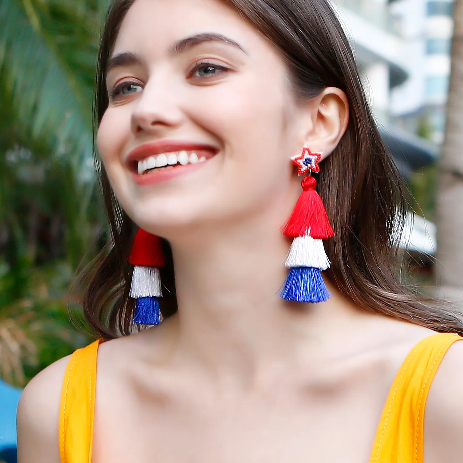 KMOKN Vintage National Style American Independence Day Earrings Handwoven Finished Red Blue White Pentagram Tassel Earrings