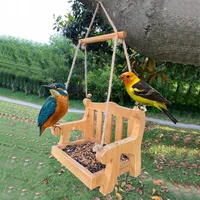 Swing Seat Bird Feeder Wooden Hangings Seed Tray for Birds Durable Bird Seed Feeder Outdoor Garden Bird Feeding Station