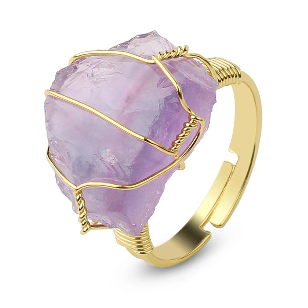 

Mineraali Women Gold Open Ring with Natural Rough Amethyst Crystal Stone Wire Wrapped Jewelry Adjustable Rock Gems Trinket Rings