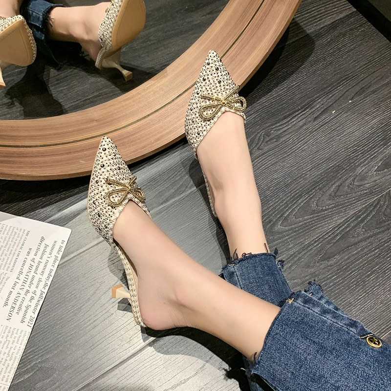 2023 Summer New Semi-slippers Baotou High-heeled Women Wear Fashionable Thin Heel Pointed Bow Shallow Mouth Shoes Women's