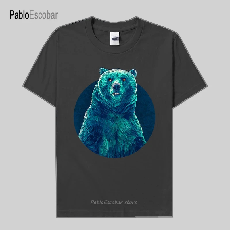 

Футболка мужская с забавным принтом, хлопковая с круглым вырезом и коротким рукавом, с принтом большого медведя, с рисунком животного, уличная одежда, 11