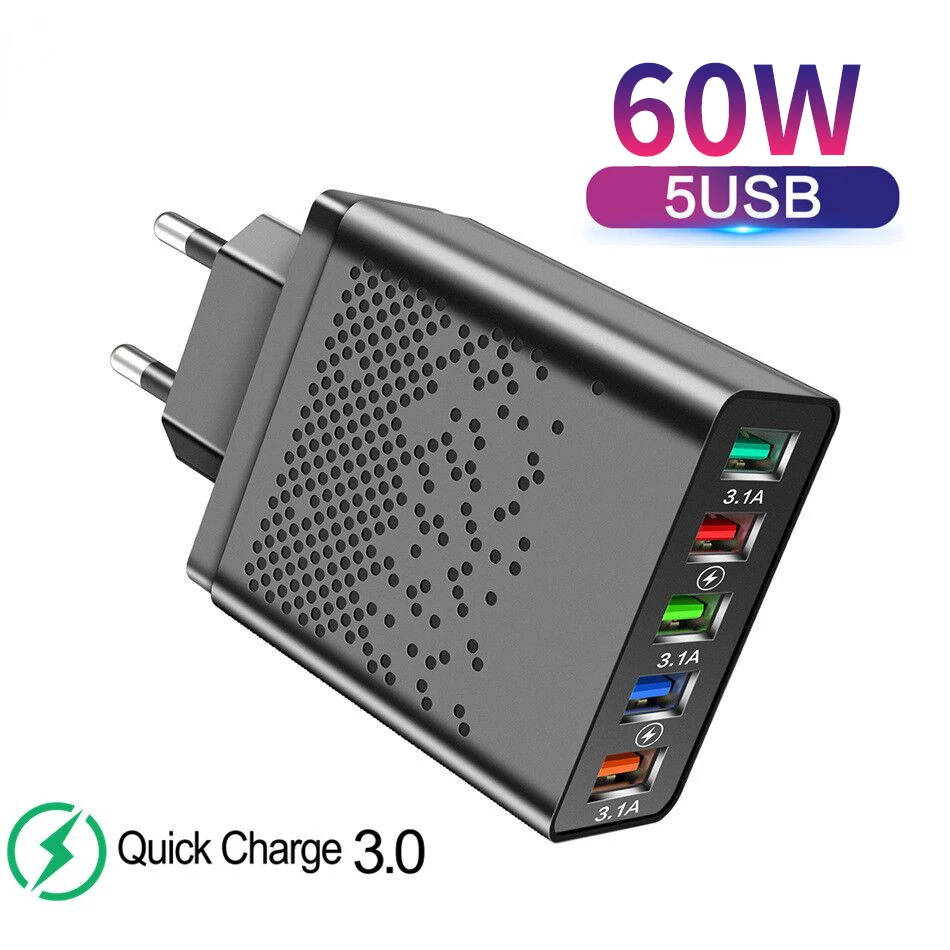 

Original For iPhone 13 12 11 P30 P50 usb chargeur 60W USB Charger Phone Charger QC 3.0 5 Ports Fast Charging Adapter