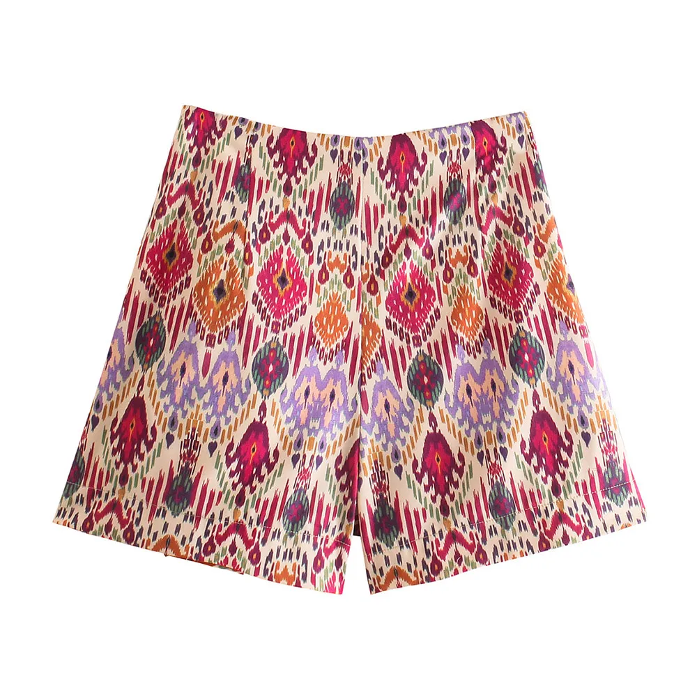 TRAF Women Fashion with Knotted Totem Print Shorts Skirts Vintage High Waist Side Zipper Female Skirts Mujer Casual Swimwear