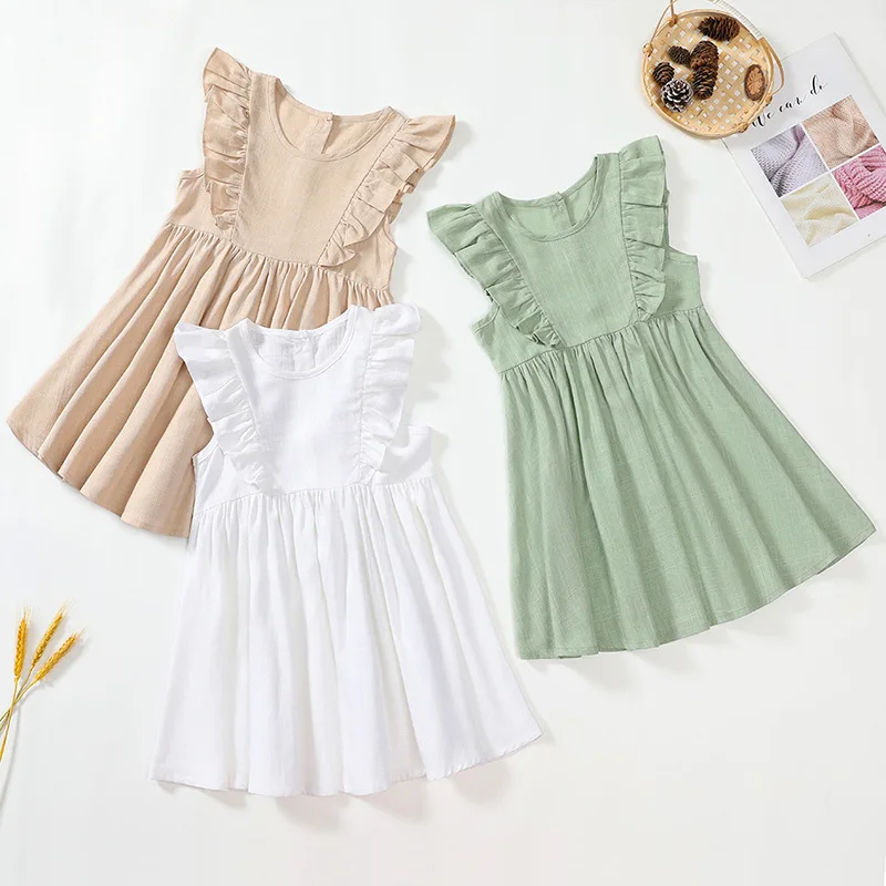 

2023 Summer New INS European and American Girls' Solid Cotton Hemp Dress Cute Sweet Flower Girls' Dress