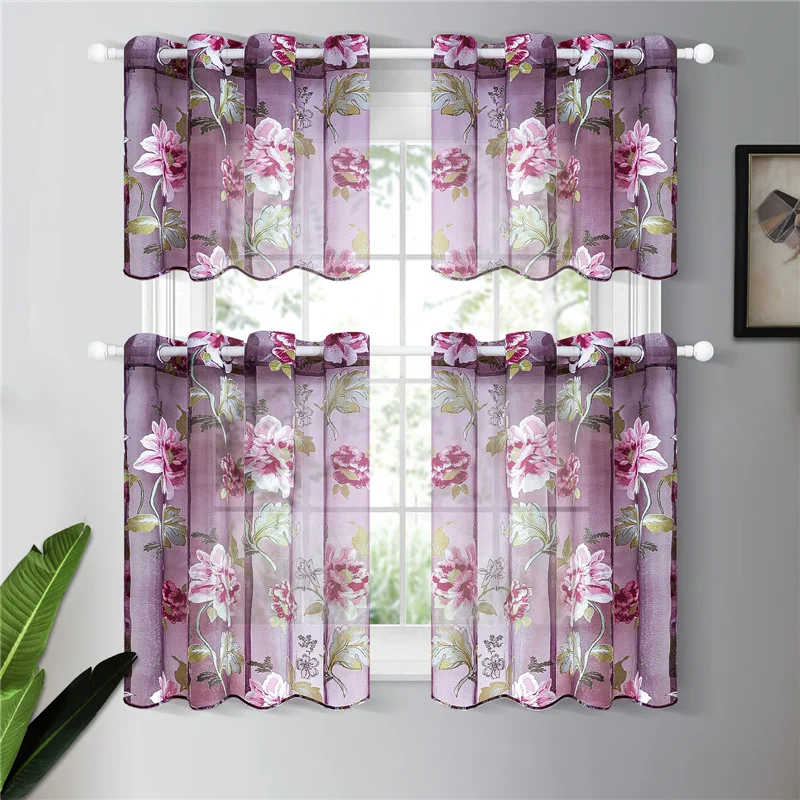 Short Floral Tulle Curtains For Living Room Purple Sheer Curtains For Kitchen Bedroom Kitchen Window Curtain Drapes Customize